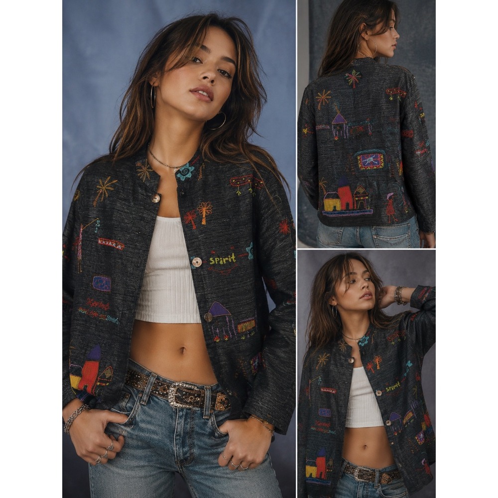 Y2K Chicos Silk Blend Embroidered Art Jacket Sz 3 XL Black Multi Color Applique